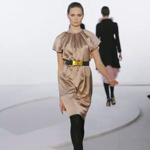 Valentino 08-09 RTW 100% Silk Gold Bubble Pleated Belted Knee Length Dress